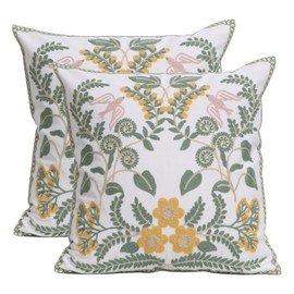 Pilmandu Set of 2 Embroidered Decorative Throw Pillow Covers Couch Square Pillowcases Cushion for Bedroom Sofa Farmhouse Decor 18x18 Inch (Flower-A)