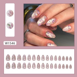 24 PCS Short Press on Nails Almond Fake Nails Glitter Full Cover Gradient False Nail Holographic Flower Designs Acrylic Stick on Nails Summer Artificial Nails for Women Nails Decorations Manicure