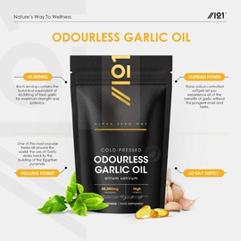 Odourless Garlic Oil Pearls 45,000mg - 180 Softgel Capsules (One per Day) - Cold Pressed & Deodourised Garlic Supplement – Resealable and Recyclable Pouch by Alpha01