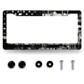 Retro Black Grey American Flag License Plate Frame USA License Plate Holder Funny Auto Parts Stainless Steel Patriotic Universal Cars Decoration for Men Women 12.2" x 6.2"