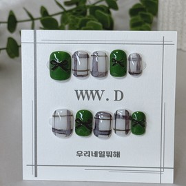 Forest green, vintage check, what do we do with our nails, handmade nail tips - short coffin / 포레스트 그린, 빈티지 체크,우리네일뭐해 수제 네일팁 - 숏 코핀