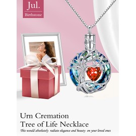 TOUPOP - Collar con colgante de urna irlandesa de plata de ley 925 con piedra natal de rubí, árbol de la vida con piedras natales de rubí, oro blanco para mujer, joyería de cremación celta, regalos