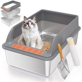 Yoochee Stainless Steel Sifting Litter Box with Lid, Large Sifting Cat Litter Box for Pine Pellets & Big Cats, Metal Sifter Litter Pan System for Odor Control, with Litter Box Liners & Metal Scoop,L