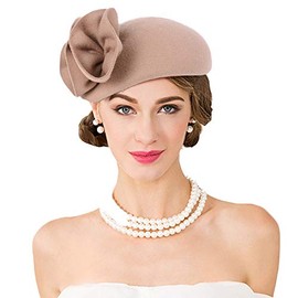 Vintage Women's Fascinators Wool Felt Pillbox Hat Ladies Hats for Church Derby Party Wedding Teardrop Hat Flower Fedoras, Camel 3, Large