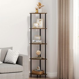 QLSPTFTS 5 Tier Corner Shelf,Corner Bookcase for Small Spaces,Corner Storage Shelf, Display Shelf,Narrow Bookshelf,Rustic Brown and Black,Suitable for Bedroom,Living Room,Kitchen