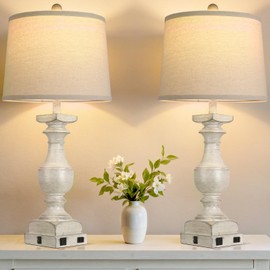 Farmhouse Table Lamp Set of 2, 28'' Bedside Lamps with USB A+C Port, Traditional Nightstand Lamps for Room, Vintage Table Lamp, Desk Lamp for Bedroom, Beige Lampshade, Rocker Switch, Bulb Included