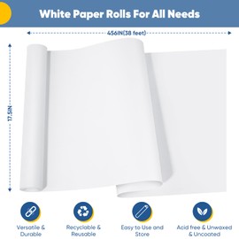 White Wrapping Paper 17.5"x456", Bulletin Board Chart Paper Roll, White Craft Easel Painting Drawing Paint Paper Roll Kids Art Supplies, Kraft Poster Paper for Gift Wrap Bouquet Flower Wedding Packing