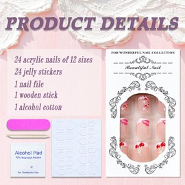 Valentines Press on Nails Short Square French Tip Fake Nails Pink Full Cover Red Pink Heart Lips Cherry False Nails with Designs Glossy Glue on Nails Acrylic Artificial Nails for Women Girls 24Pcs