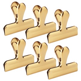 6pc-3 Inch Wide Stainless Steel Paper Clamps Heavy Duty Food Bag Clamp,Seal Clip, Chip Clips Metal Hinge Clip File Clamps for Kitchen&Office (Gold)