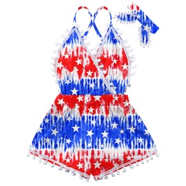 grehava 4th of July Outfits for Toddler Girls Baby American Flags Romper Backless Outfit 2-3 Years Old Infant Clothes Size 3T Baby Girl Bodysuit With Headband For Party