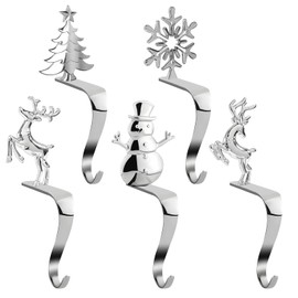JORETLE 5 Pack Christmas Stocking Holder Hooks,Designs Snowflake, Christmas Tree, Reindeer,Snowman and elk,No-Punch Mantel Stocking Hooks for Christmas Party Decoration(Silver)