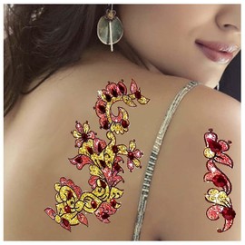 Stylesindia Self-Adhesive Arabiac Design Glitter Kundan Tattoos For Face Hand Body & Leg Jewel Tattoos Pack of 2 Sheets (Kundan-Red-10)