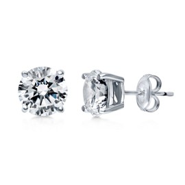 BERRICLE Sterling Silver Solitaire Round Cut Cubic Zirconia CZ Fashion Stud Earrings for Unisex, Rhodium Plated, 8mm