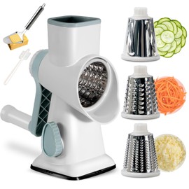Maxceysen 3 in 1 Manual Vegetable Cutter Machine with Stainless Steel Changeable Blades Rotary Cheese Grater Kitchen Tool Potato Slicer Shredder Nuts Chocolate Chopper (White blue)
