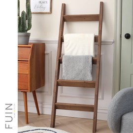 FUIN 5ft (58") Wood Blanket Ladder Living Room Decorative Wall Leaning Farmhouse Quilt Display Holder Storage Rustic Wooden Towel Rack for Bathroom, Brown