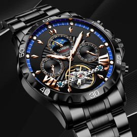 GLENAW Automatic Watches for Men, Men's Mechanical Tourbillon Watch Multifunction 24 Hour Date Day Rotating Flywheel Waterproof Watches for Men (Black Blue)