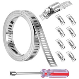Hose Clamps Stainless Steel 2.5 m Adjustable Silver Hose Clips Strap with 8 Pieces Hose Clips, 304 Stainless Steel Pipe Clamps with Screwdriver for Tank Gas Water Pipe Hose