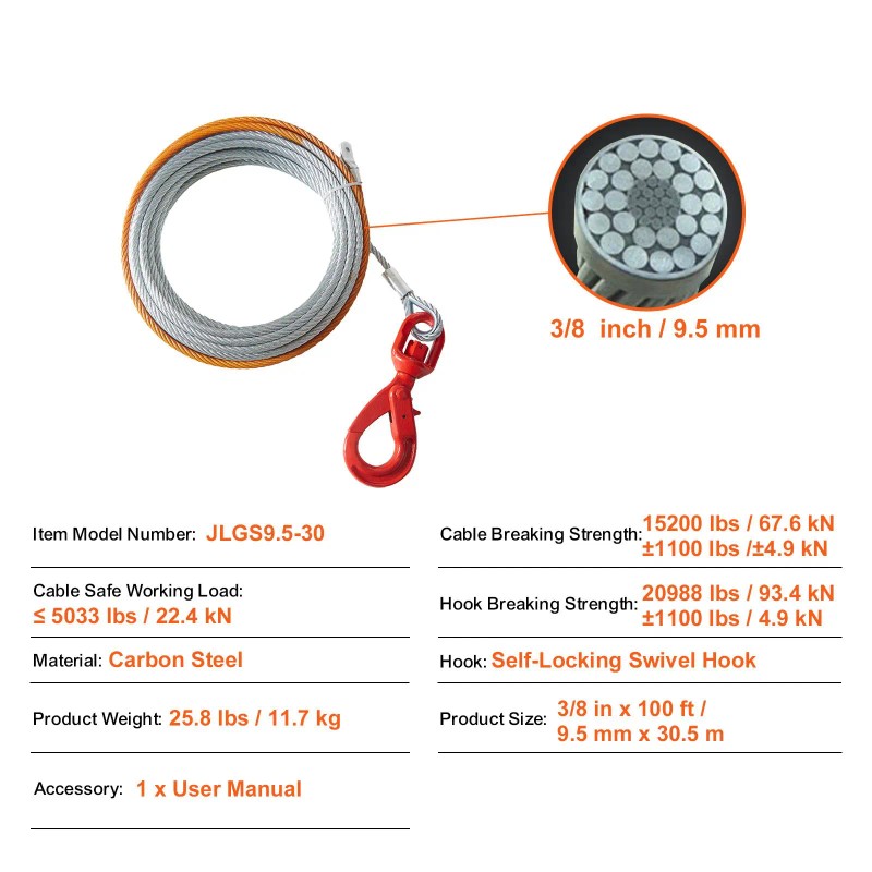 Galvanized Steel Winch Cable 3/8 Inch X 100 Feet 15,200