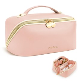 Prite Prite Large Capacity Waterproof Makeup Bag for Women with Handle and Clear Divider Pu Leather Travel Cosmetic Bag Open Flat Design(Pink)