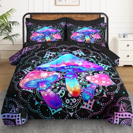 WeCozy 7 Pcs Queen Size Comforter Set with 2 Pillowcases & 2 Shams, Hippie Mushroom Bedding for Kids and Adults, Dream Mandela Colorful Bed in a Bag with Flat Fitted Sheet
