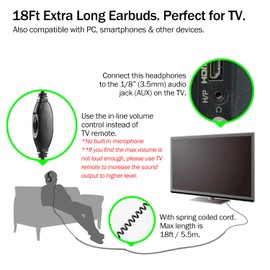 C G CHANGEEK Extra Long Cord Headphones for TV & PC with Volume Control, 18 Feet / 5.5M Extension Spring Coiled Cord, Universal 3.5mm AUX Audio, Wired Over Ear Stereo Headset, CGS-W6