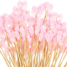 Chengu 200 Pcs Pink Bow Cocktail Picks for Appetizers Ribbon Bow Bamboo Cocktail Toothpicks Bulk for Fruit Drink Dessert Wedding Food Party Supplies