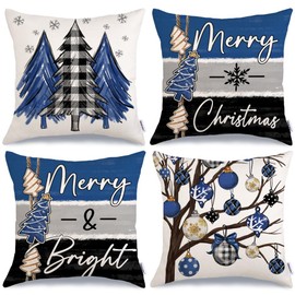 GEEORY Merry Christmas Throw Pillow Covers 18x18 Inch Set of 4, Xmas Trees Balls Merry Bright Striped Winter Holiday Farmhouse Decorative Cushion Cases for Home Decoration G630-18