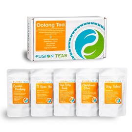 Oolong Tea Sampler Set, An Assortment of Sophisticated Oolong Teas, 5 Various Oolong Sample Pouches of Loose-Leaf Tea Including Coconut Pouchong, Elderflower Citrus, Very Velvet, Ti Kwan Yin, Goji Berry Peach by Fusion Teas
