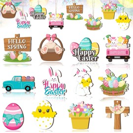 12Pcs Happy Easter Decorations Wooden Bunny Eggs Tree Ornaments Chick Truck Decorations Spring Cartoon Hanging Ornaments Cute Rabbit Flower Decorations for Easter Ornaments Supplies Festive Home Decor
