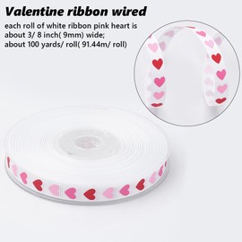 CABODYALS 100 Yards 3/8 Inch White Ribbon Pink Heart Polyester Love Print Ribbon Grosgrain Valentine Ribbons Wired Bulk with Spool for Sewing Making Crafts Wreaths Bouquet Wedding Anniversary Supply