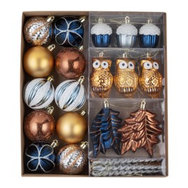 DecorbyHannah Fall Ornaments Decorations for Home,40ct Thanksgiving Autumn Leaf Harvest Tree Ornaments Set,Shatterproof Blue Gold Farmhouse Owls Hanging Ornaments for Tree for Woodland Indoor Decor