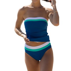 Beachsissi Bandeau Swimsuits for Women Strapless Swimwear Bathing Suits Tummy Control Color Block Tankini Sets, Blue, L