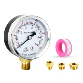 Well Pump Vacuum Pressure Gauge 60mm Dial Face 1/4" BSP, 0-7 Bar 0~100 Psi, with 3 Brass Bushing Adapter 1/4" to 3/8", 1/4" to 1/2", 1 Hex Nipple Reducing 1/4" to 1/8", 1 Teflon Tape, Lower Mount