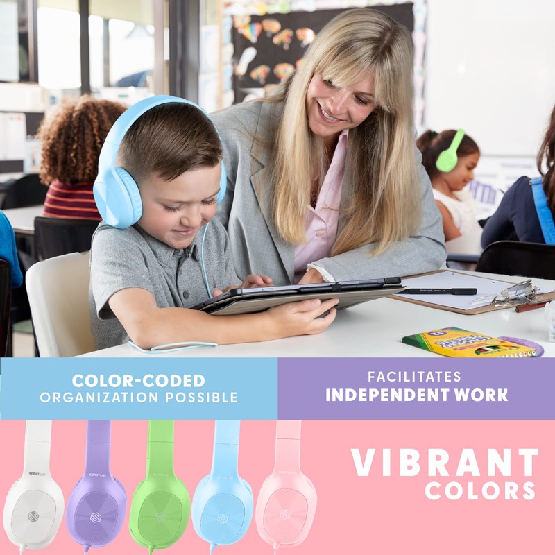 Sonitum Kids Headphones for School Bulk Set 5-Pack On-Ear, 3.5mm,