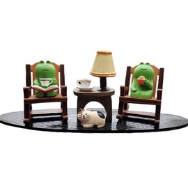 AMQUAL 7 Pcs Cute Frog Rocking Chair Set with Miniature Frog Figurines, Mini cat, and Whimsical Trinkets - Versatile Decor for Office, Home, Yard, Patio, and Lawn
