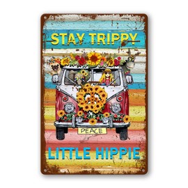 Hippie Room Decor, Hippie Wall Decor Funny Stay Trippy Little Hippie Metal Tin Signs Retro Hippy Street Sign for Bedroom Aesthetic Boho Garden Decor Hippie Bus Peace Sign Home Decor Gifts 8x12 Inch