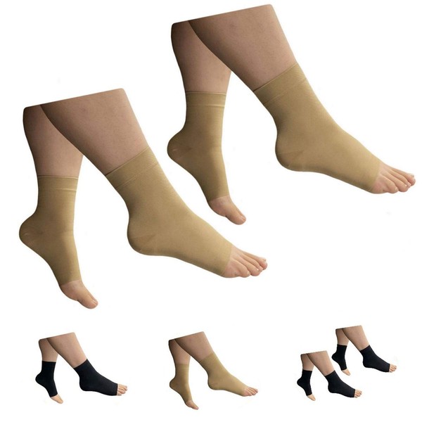HealthyNees Ankle 15-20 mmHg Compression Leg Foot Swelling Wide Open Toe Sleeve (2 Pairs Beige, 3X-Large)