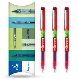 Pilot GreenBall Liquid Ink Rollerball Pen - Begreen Range 89% Recycled - Pack of 3 Pens - Medium 0.7mm Tip - Ideal for Writing, School, Home, Revision, Office (Red)