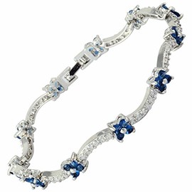 Riva Rhinestone Flower 18 K White Gold Plated Blue Sapphire Color Round CZ Tennis Bracelet, Gold Plated, blue