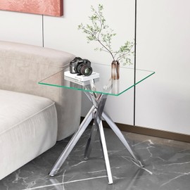 Goderfuu Silver End Table with Chrome Metal X-Shaped Pedestal, Tempered Glass Square Top, Luxury Modern Nightstand for Living Room