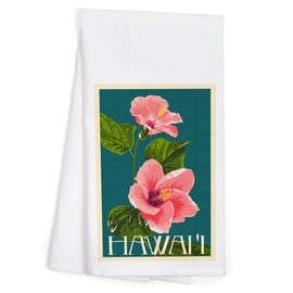 Hawaii, Pink Hibiscus Flower Letterpress (100% Cotton Tea Towel, Decorative Hand Towel, Kitchen and Home)