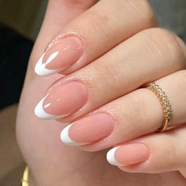 30 Pcs Ombre Press on Nails Short Almond Fake Nails with White French Tip Designs Gradient Glue on Nails Press ons Simple Glossy Stick on Nails for Women Girls