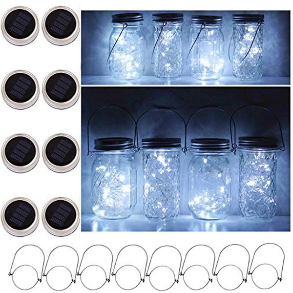 8 Pack Solar Mason Jar Lids Lights, 20 LED Waterproof Fairy Firefly String Lights with 8 Hangers (Jars Not Included), for Wedding, Outdoor, Lawn, Patio, Garden, Party, Christmas Decor (Cold White)