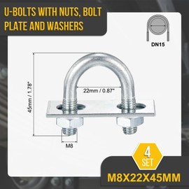 DTGN M8x22x45mm U Bolts Round Kit - 4Set - Carbon Steel U-Bolt Kit with Nuts, Washers, Frame Plate - Good for DN15 Pipe, Trailer, Automotive, Leaf Spring Fastener