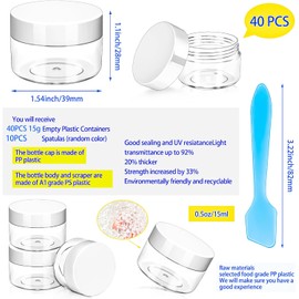 40 paquetes de tarros de plástico con tapas de 15 g, tarros de cosméticos redondos transparentes de 15 ml, tarros para maquillaje de tamaño de viaje con 10 espátulas para muestras de loción
