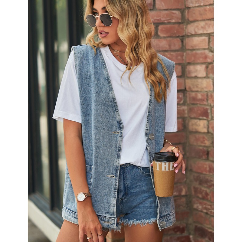 Shebote Womens Oversized Sleeveless Jean Denim Jacket Button Down Vest