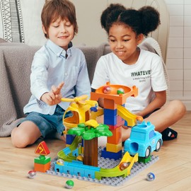 Marble Run Building Blocks - Children's Toy 70 Pieces Marble Run Building Blocks with Police Car, Aerial Vehicle, Marble, STEM Toy Building Options and Ball Racing Gift for Boys Girls from 3 4 5 6 7