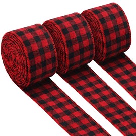 3 Rolls Buffalo Plaid Ribbon Christmas Wired Edge Ribbon Check Burlap Ribbon for Gift Wrapping, Crafts Decoration (2.4 by 315 Inches)