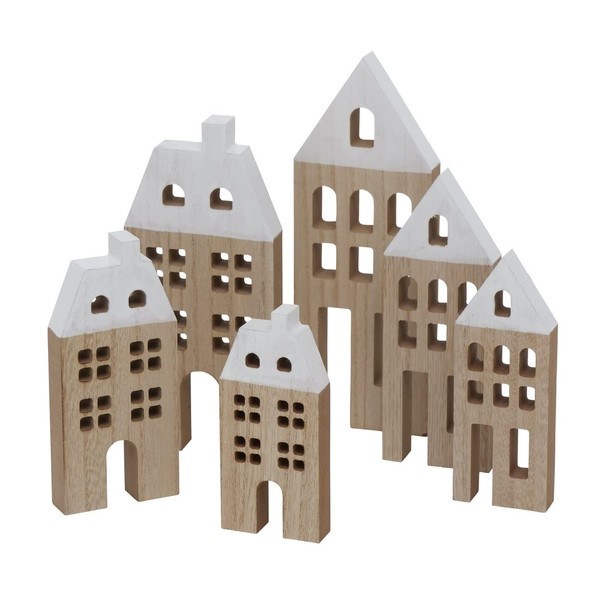 BOLTZE 6 x Decorative House Towny Wood Height 15-23.5 cm Natural Wooden House