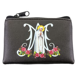 Our Lady of Fatima Black Leatherette Rosary Pouch with Zipper Closure, Neutral Travel Cases and Pouches for Rosaries, Catholic Gift, 3.25 Inches